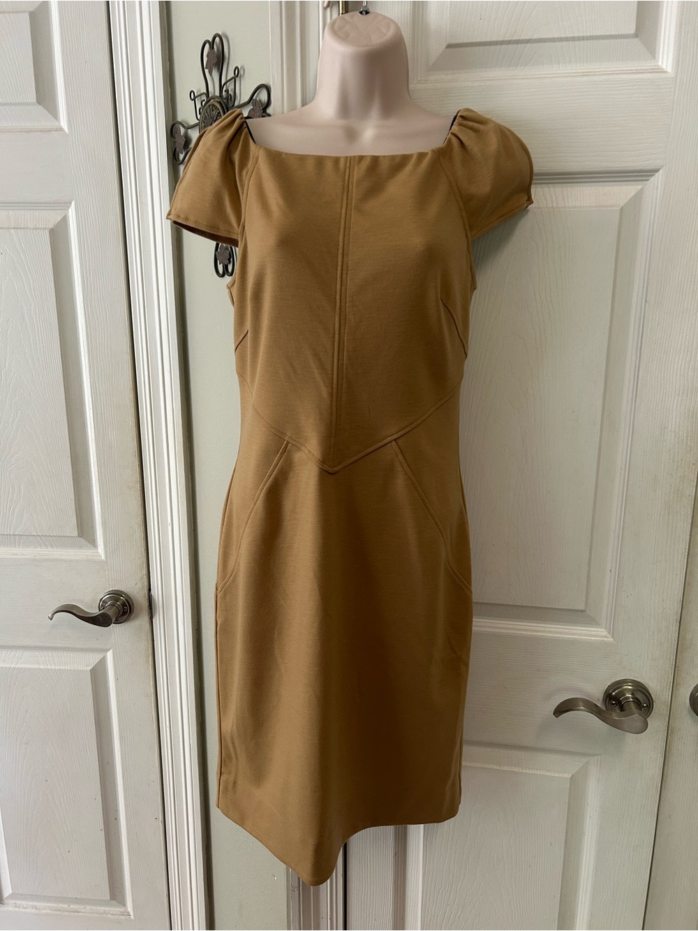 Diane Von Furstenberg Camel Zip Back Cap-Sleeve Dress Sophisticated Fall Chic